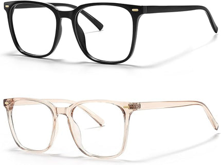 MACJERO 2-Pack Oversized Square Blue Light Blocking Glasses for Women Men, Anti-Fatigue Computer Monitor Gaming Glasses Reduce Eye Strain(Black+transparent Brown)