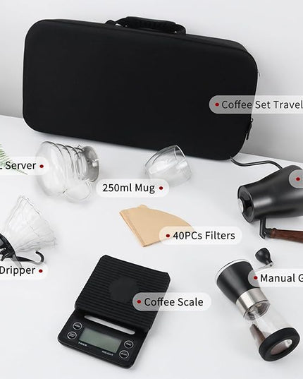 Pour Over Coffee Maker Set, Portable coffee Set - Manual Coffee Grinder, Coffee Dripper Set, Gooseneck Kettle，two cups, suitable for Camping, RV, Home, and Office