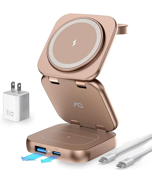 5-in-1 Wireless Charger for MagSafe, AC ISLAND Portable Travel Charging Station, 35W Max Fast Foldable Magnetic Stand, Evolved for iPhone 17-12 & Air Series, Apple Watch, AirPods (with 35W Adapter)