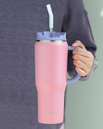 40 oz Tumbler with Handle, Insulated Tumblers with Lid and Straw, Large Metal Sports Water Bottle Jug, Thermal Stainless Steel Travel Coffee Mug Cup, Blush