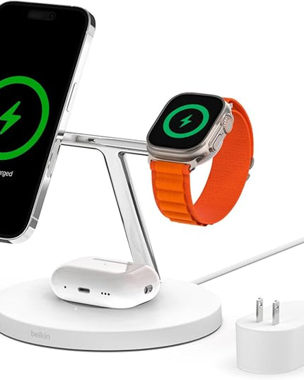 Belkin MagSafe Charger, 3-in-1 Wireless Charging Stand, 2ND GEN, 33% Faster for Apple Watch, iPhone 16, iPhone 15, iPhone 14 Series, AirPods - MagSafe Charging Station for Multiple Devices - White
