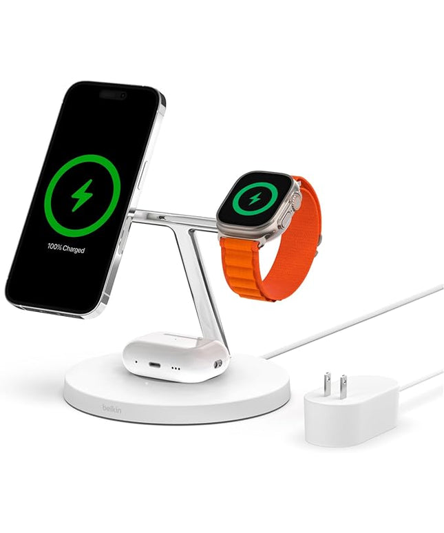 Belkin MagSafe Charger, 3-in-1 Wireless Charging Stand, 2ND GEN, 33% Faster for Apple Watch, iPhone 16, iPhone 15, iPhone 14 Series, AirPods - MagSafe Charging Station for Multiple Devices - White