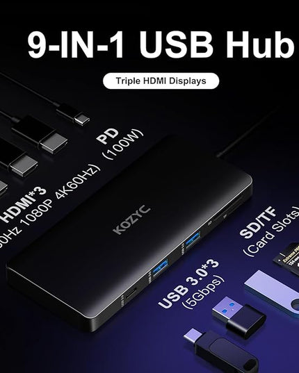 USB C Docking Station 3 Monitors Compatible with Mac/Windows, KOZYC Triple Display Docking Station with 3xHDMI(4k60Hz/30Hz+1080p), 3xUSB 3.0, SD/TF, 100W PD with HDMI Splitter Extend Display 3 Monitor