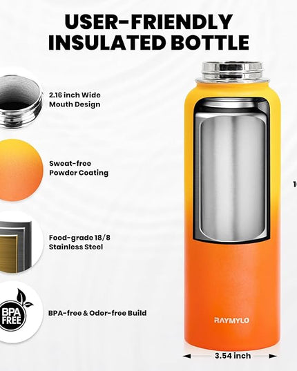 Insulated Water Bottle 40 oz, Triple Wall Vacuum Stainless Steel (Cold for 48 Hrs), Leak Proof & Non-BPA, Modern Water Flask Jug with Paracord Handle & Straw Spout Lids, Ombre Orange