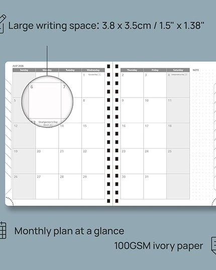 POPRUN 2026 Planner Weekly Notebook (Jan-Dec), Medium 8.5''x 6.5'' - Agenda 2026 Calendar Book with Monthly Tabs, Inner Pocket, Spiral Soft Cover, 100 GSM - Soft Pink