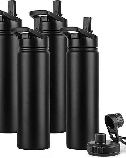 DOMICARE Insulated Water Bottle, 22 oz Vacuum Insulated Stainless Steel Reusable Sports Bottle with Straw Lid & Spout Lid for Travel, Camping, Bike, Leakproof, Black, 4 Pack