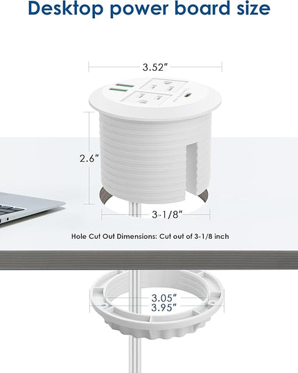 3-inch Desktop Power Grommet,Max 65W USB C Charger,2 Outlets and 3 USB, High-Speed Charging Station, Flush Mount Desk Hole Round Power Outlet, Recessed Power Strip,6ft Cord Flat Plug