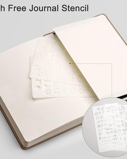 EMSHOI Dotted Notebook - 256 Pages A5 Dot Grid Journal Bullet Notebook with 120gsm Thick Dotted Paper,16 Perforated Pages, Hardcover Leather, Pen Holder, Inner Pocket, 5.75'' × 8.38''-Khaki