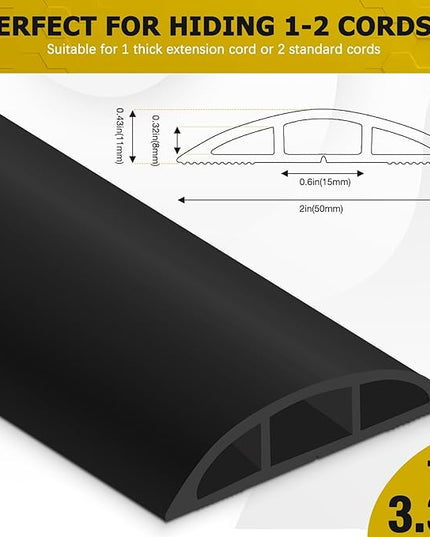 Floor Cord Cover 3.3FT Cord Covers for Wires on Floor Protect Wires & Prevent Trip Hazards, Easy to Cut for Home, Office, School, Concerts, Cavity W0.6in x H0.32in