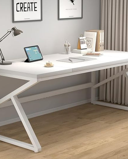 HSH 70 Inch Long White Computer Desk, Modern Large Executive Work Writing Study Gaming Desk for Home Office, Industrial Metal Wooden Two Person Desk Dual Monitor Workstation in Bedroom Living Room