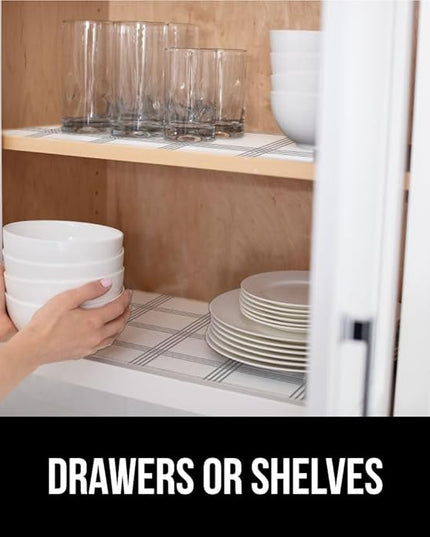 GORILLA GRIP DripGuard Shelf Liner, Non Adhesive Drawer and Kitchen Cabinet Protector, Slip Resistant BPA Free Smooth Surface Plastic Liners for Cabinets, Bathrooms, Closets, 12x240 Inch, White Stripe