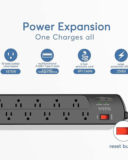 Extension Cord with Multiple Outlets, Surge Protector Power Strip with USB, 6ft Power Cord, 10 Wide Outlets, 2 USB+1 USB C Fast Charging Ports, Wall Mount, Heavy Duty, Home, Office Accessories