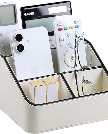 MEIBOOCH Remote Control Holder, PU Leather Small Desk Organizer with 4 Compartments, Nightstand Organizer Desk Caddy for Remote, Notepad, Phone, Glasses, and Accessories (Cream)