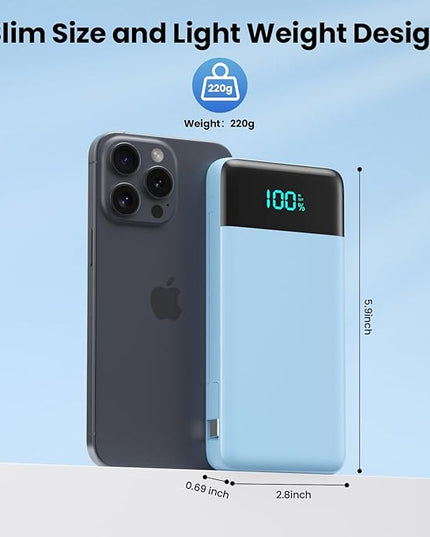 Portable Charger for iPhone with Built in Cables and Wall Plug,Upgraded 13800mAh Fast Charging USB C Power Bank,4 Outputs Travel Essential Battery Pack Compatible with iPhone 17/16/15/14,-Light Blue