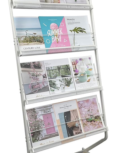 tongmo Floor-Standing Magazine Rack 4-Layer with Wheels, Brochure Display Stand, High-hardness metal for Exhibitions, Office, and Any Organization Requiring Information Display (White)