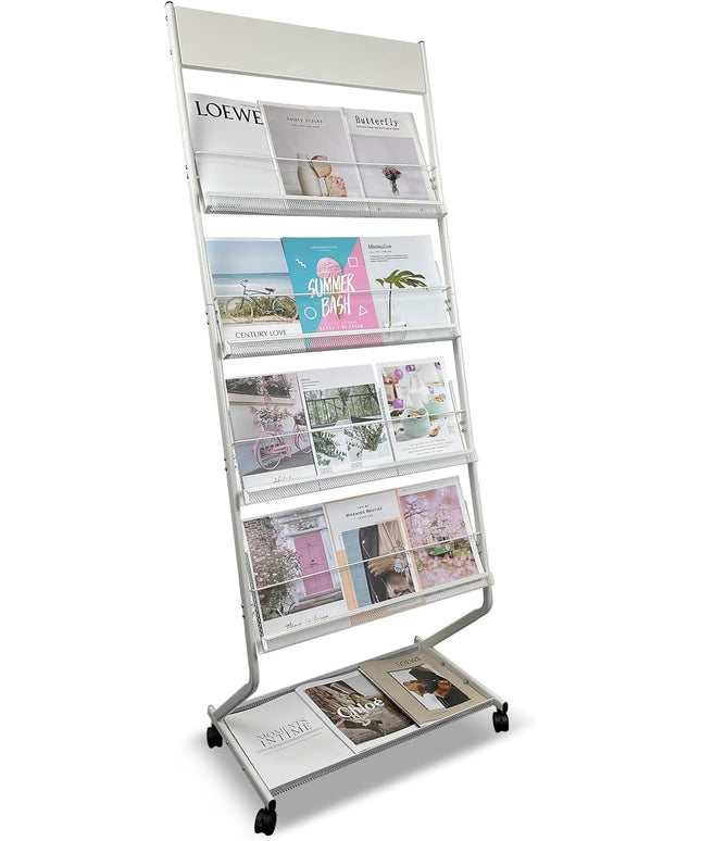 tongmo Floor-Standing Magazine Rack 4-Layer with Wheels, Brochure Display Stand, High-hardness metal for Exhibitions, Office, and Any Organization Requiring Information Display (White)