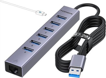 FORIDA 7 Port USB Hub - USB Ethernet HUB with 3.9ft Long Cable for Laptop, USB Extender with Gigabit Network Port and 5V/3A Power Port, Aluminum MultiPort USB hub for Laptop, iMac, PC, Flash Drives