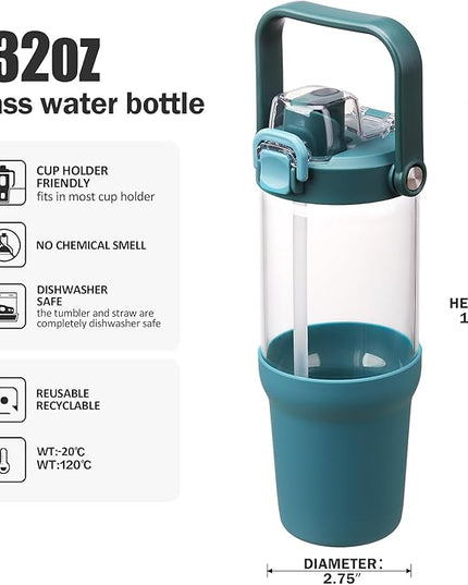 Glass Tumbler with Carry Handle, Clear Glass Water Bottle with Leakproof Lid, Spout Lid&Straw, BPA-Free, 32 oz, Peacock Blue