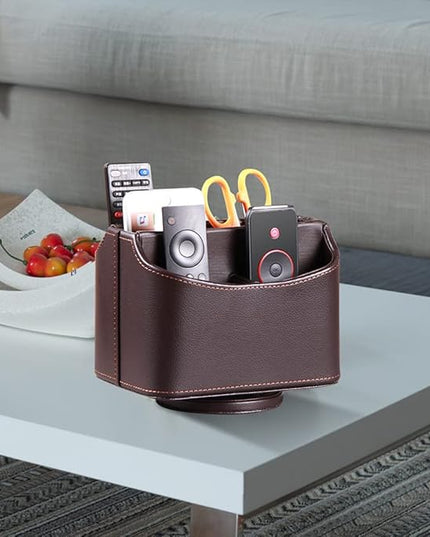 Arniche PU Leather Remote Control Holder,360 Degree Spinning Desk TV Remote Caddy,Desk Organizers and Accessories,for Controller,Media,Mail,Calculator,Mobile Phone,Pen Storage Holder(Brown Lychee)