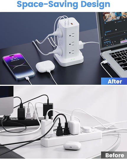 Power Strip Tower with Surge Protector 1800J, Fast Charging Tower PD20W USB-C Ports with 12 AC Outlets, 6ft Extension Cord for Home Office Dorm Room, White