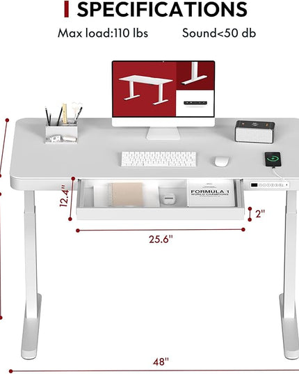 SANODESK Standing Desk with Drawer, Electric Height Adjustable Home Office Desk with Storage & USB Ports, 48 inch White Wood Tabletop/White Frame