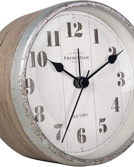 Presentime & Co 4" Farmhouse Tabletop Alarm Mantel Clock, Desk and Shelf Clock, Silent no Ticking, Light Grey Oak and Rusted Galvanized Finish. Tabletop Décor, Home Décor, Farmhouse Décor