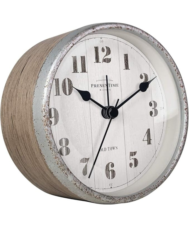 Presentime & Co 4" Farmhouse Tabletop Alarm Mantel Clock, Desk and Shelf Clock, Silent no Ticking, Light Grey Oak and Rusted Galvanized Finish. Tabletop Décor, Home Décor, Farmhouse Décor