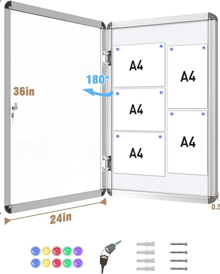 Mifuro 36"x24" Enclosed Bulletin Board, Lockable Weather-Resistant Aluminum Noticeboard for School & Office, Silver Frame w/Magentic Whiteboard