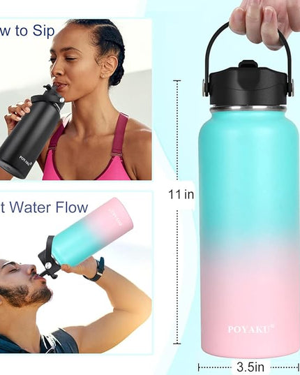 Water Bottle Insulated 32oz 40oz 64oz 128oz Straw Lid Spout Lid & 3 Lids, Leak Proof, Vacuum Insulated,Stainless Steel Water Bottle Wide Mouth for Sports, Gym or Office