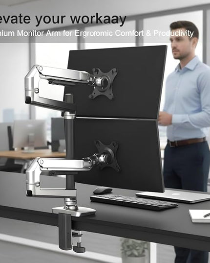 Dual Monitor Mount, Holds Screens up to 40 Inches and 25 lbs, Fully Adjustable Dual Monitor Arm with C-Clamp and Grommet Base, Aluminum, Silver