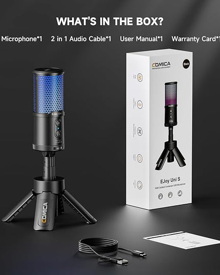 COMICA EJoy UNI S Gaming USB Microphone for PC, RGB Condenser Mic with Noise Reduction, Tripod Stand, Streaming Microphone for Gaming, Streaming, Podcasting, Recording, Laptop, PS4, PS5 (Black