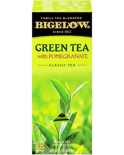 Bigelow Tea Green Tea with Pomegranate 28-Count Box (Pack of 1) Premium Green Tea with Pomegranate Rosehips Hibiscus Antioxidant-Rich All Natural Medium-Caffeine Tea in Foil-Wrapped Bags