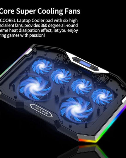 ICE COOREL Gaming Laptop Cooling Pad 15-17.3 Inch, Laptop Fan with 6 RGB Cooling Fans, Laptop Cooling Stand with 6 Height Adjustable, Laptop Cooler with LCD Screen, 2 USB Ports, Phone Stand