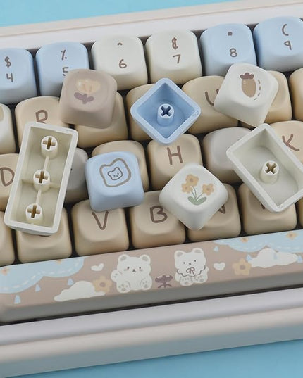 Sunzit MOA Keycaps,132 Keys Milk Tea Bear Custom PBT Keycaps, Dye-Sublimation Key caps Keyboard Keycap Set for MX Switches Mechanical Keyboard