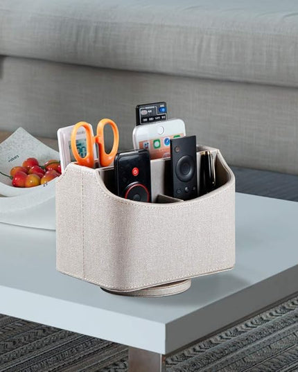 Arniche PU Leather Remote Control Holder,360 Degree Spinning Desk TV Remote Caddy,Desk Organizers and Accessories,for Controller,Media,Mail,Calculator,Mobile Phone,Pen Storage Holder(Beige)