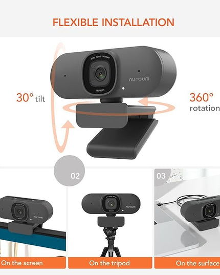 NUROUM V15AF 2K Webcam for PC, 1080P 60fps Autofocus HD Webcam with Dual Noise Cancelling Microphone, 75° FOV&Light Correction, USB Web Camera Plug&Play for Zoom/Teams,Grey