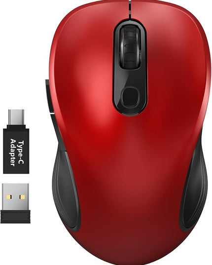 WisFox 2.4G Wireless Mouse for Laptop, Ergonomic Computer Mouse with USB Receiver and Type-C Adapter, 6 Button Cordless Mouse Wireless Mice for Windows Mac PC Notebook (Red)