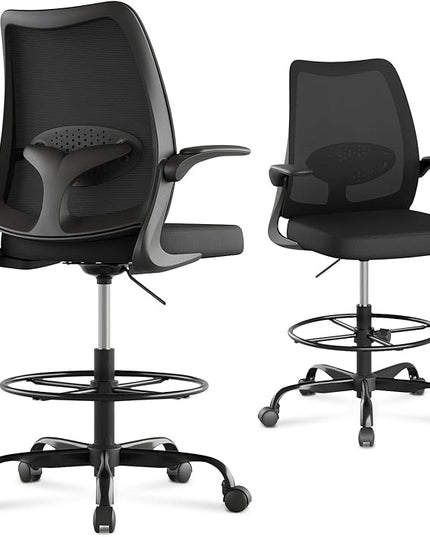 Drafting Chair,Tall Office Chair with Adjustable Footrest Ring,Lumbar Support,Ergonomic High Desk Seat,Flip-Up Armrests,Breathable Mesh Standing Stool for Home Office,Black