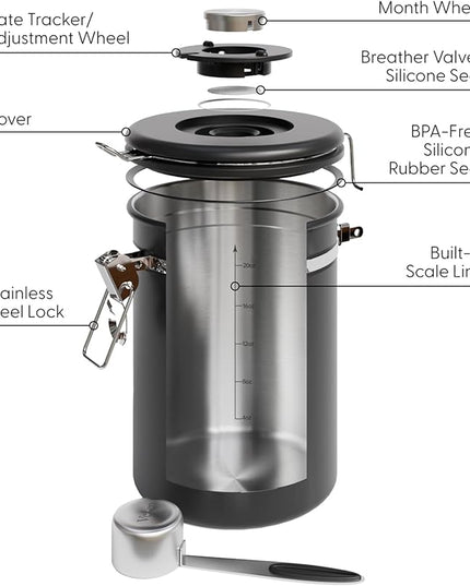 Veken Coffee Canister with Window,Airtight Stainless Steel Pantry Container,Home Kitchen Food Storage Organizers for Ground,Beans,Espresso,Rice,Tea,Sugar,Cereal, Flour,Bar Accessories,Gifts,22OZ,Black