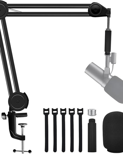 Boom Mic Arm Stand for SM7B with SM7B Pop Filter, Upgraded Adjustable Suspension Scissor Mic Stand Desk Mount with Extension Tube for Video, Podcast, Gaming