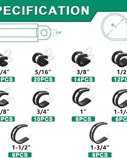 OURU 110PCS Cable Clamps Assortment Kit,10 Sizes—1/4" 5/16" 3/8" 1/2" 5/8" 3/4" 1" 1-1/4" 1-1/2" 1-3/4" Stainless Steel Rubber Coated Cushioned Insulated Cable Clamp,Automotive Wire Pipe Clamps