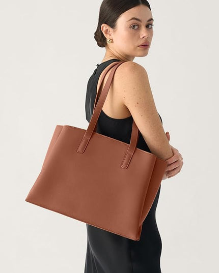 Work Tote Bags for Women 14 Inch - Work Bag Laptop Bag with Zip Compartments - Large PU Leather Office Computer Briefcase