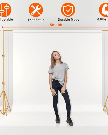 iMounTEK Backdrop Stand for Parties, Banner Stand Photographic Studio Photo Backgrounds 10ft Adjustable Photo Backdrop Stand Kits with a Carrying Bag Photo Backdrop Stand for Birthday/Wedding(Gold)