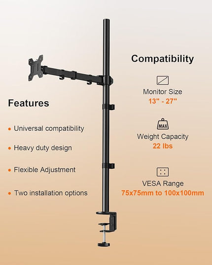 Single Monitor Desk Mount, Fully Adjustable Stand for 13-27″ Monitors, Holds Up to 22 lbs, Height, Swivel, Tilt Adjustments, C Clamp/Grommet Mount Options, Built-in Cable Management