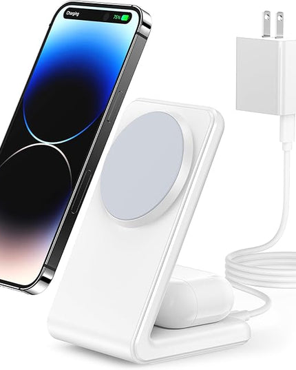 2-in-1 for Magsafe-Compatible Charger Stand with PD 20W USB-C Charger Block & Cable, Fast Charging Wireless Charger Designed for iPhone 17 Pro Max/16/15/14/13/12, AirPods 4/3/Pro 3/Pro 2/Pro, White