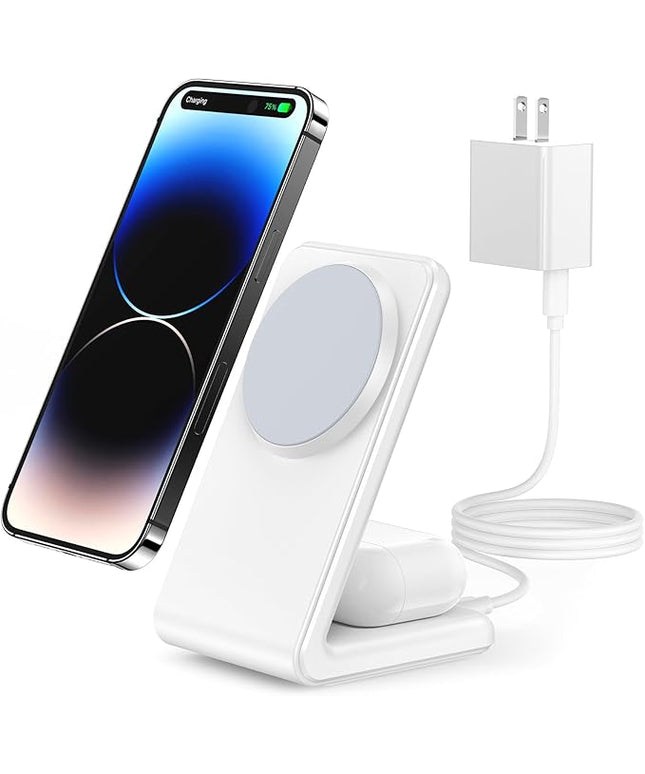 2-in-1 for Magsafe-Compatible Charger Stand with PD 20W USB-C Charger Block & Cable, Fast Charging Wireless Charger Designed for iPhone 17 Pro Max/16/15/14/13/12, AirPods 4/3/Pro 3/Pro 2/Pro, White