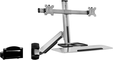 Mount-It! Sit Stand Dual Monitor Wall Mount Workstation & Stand Up Computer Station with Articulating Keyboard Tray Arm and CPU Holder