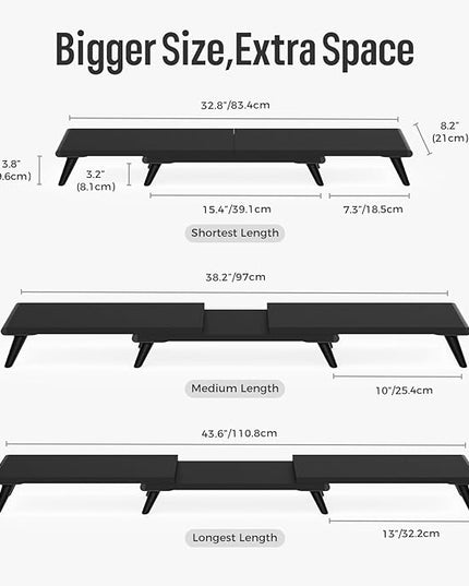 loukin Dual Monitor Stand Riser for Desk, 43.6"*8.2"*3.2" Large Computer Stand for 2 Monitors, Laptop, Printer, Length and Angle Adjustable Computer Shelf, Home Office,Max 43.6" Length(Black)