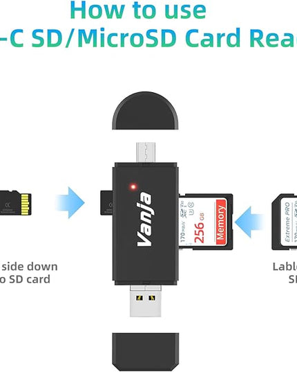Vanja SD Card Reader, High-Speed USB Type A & Type C to Micro SD Card Adapter for SD, SDHC, SDXC, Micro SDXC | Compatible with iPhone 17/16/15, MacBook Pro/Air, iPad Pro, Smartphone