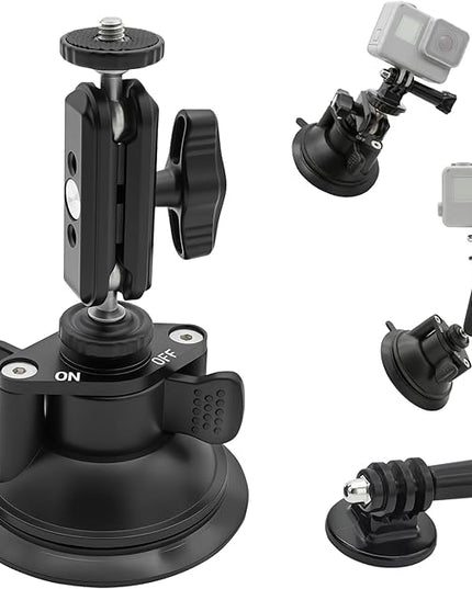 Double Layer Suction Cup Mount with Double Ball Head Magic Arm, 1/4" Screw 360° Rotating Camera Mount Compatible with GoPro Hero, Insta360 X3, DJI Osmo, Action Camera, Phones for Car Windshield